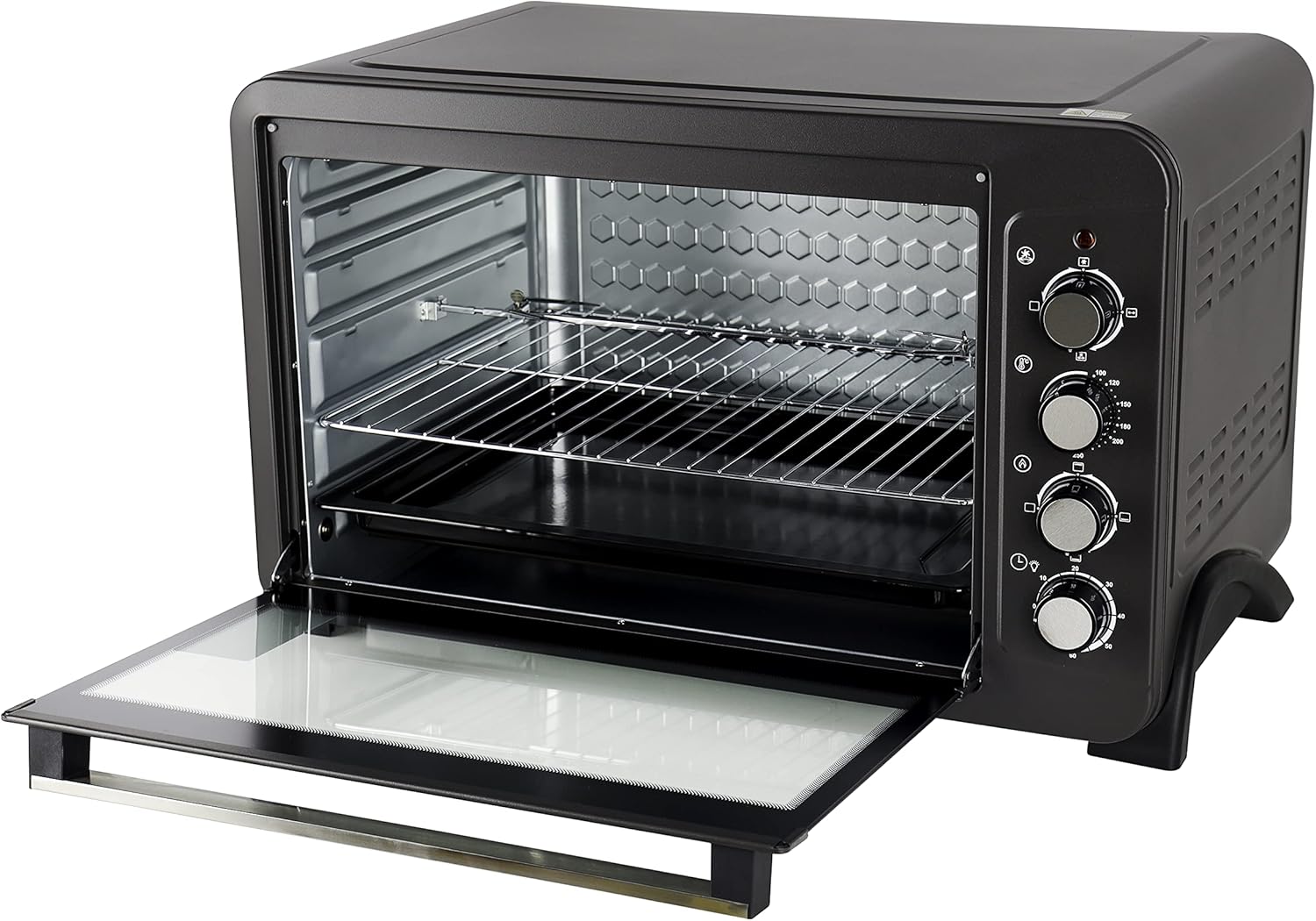 Krypton Electric Oven with Rotisserie & Convection 100L KNO6356Kitchen AppliancesBig 100L capacity Heat-resistant tempered glass window Full function: Rotisserie, Convection, Inside lamp 100°C to 250°C non step temperature control 60 Min timer with auto s
